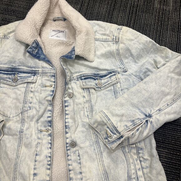 HOLLISTER Women’s Sherpa Lined Acid Wash Denim Boyfriend Jacket Blue Size Large - Picture 5 of 12